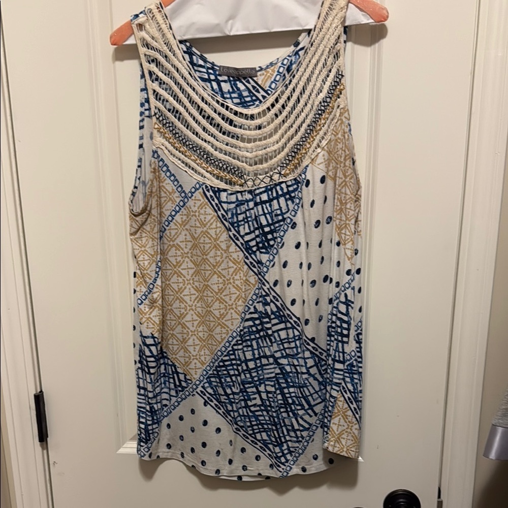 Loveappella White and Blue Graphic Tank Top with Bib Collar